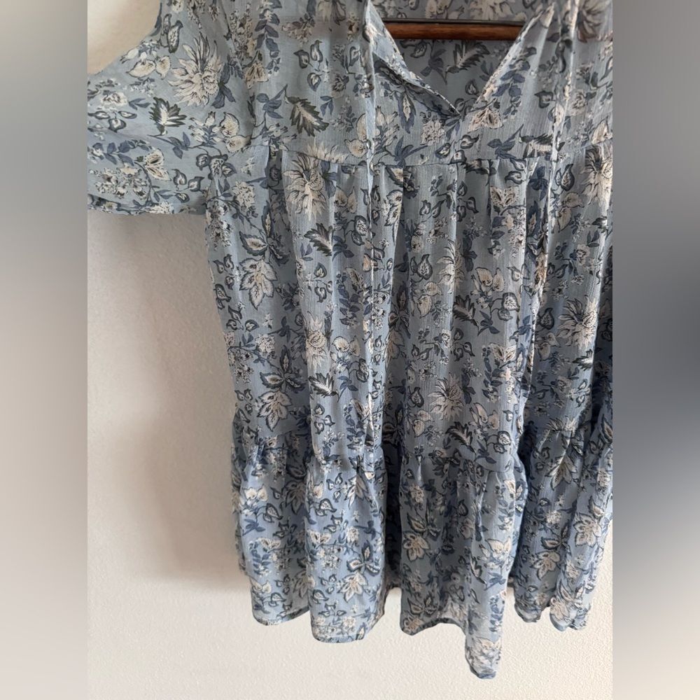 Suzanne Betro Size Small Boho Babydoll Tunic Top Blouse Blue Sheer Floral - Picture 5 of 7